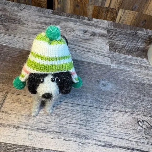 Felted wool Dog Figurine with Green and White Knit Hat