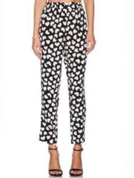 Kate Spade Dancing Hearts Pants XS Black White Heart Print Elastic Waist Bow Vis