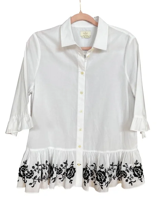 Kate Spade White Cotton Floral Embroidery Ruffle 3/4 Sleeve Button Up Shirt SZ M