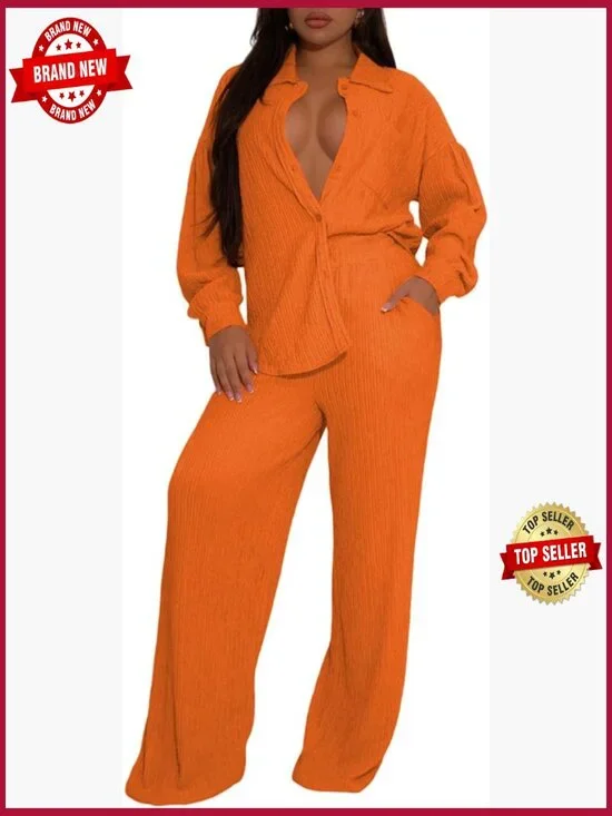 Women 2 Piece Pleated Button Down Shirt Wide Leg Pants Matching Set