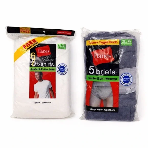 Hanes Men's XL Underwear Bundle T Shirts 6 PK + Briefs 5 PK Tagless New Sealed