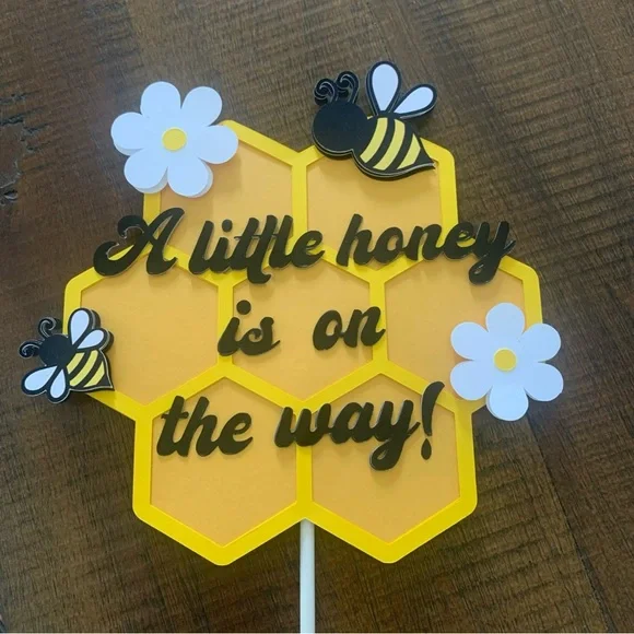 Yellow Honeycomb Baby Shower Cake Topper with Bees and Flowers