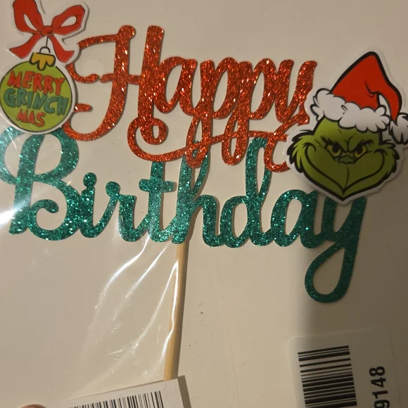 Grinch Happy Birthday Cake Topper - Red and Green