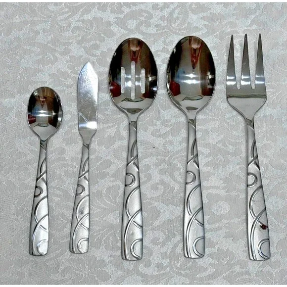 5 pc Cambridge Stainless Conquest Frosted Glossy Swirls Hostess Serving Set Fork
