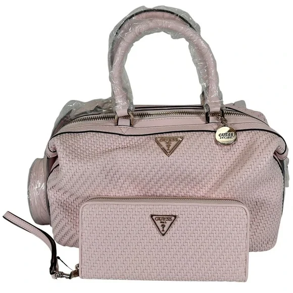 Guess Los Angeles Pink Woven Satchel Bag and Matching Wallet Set NEW