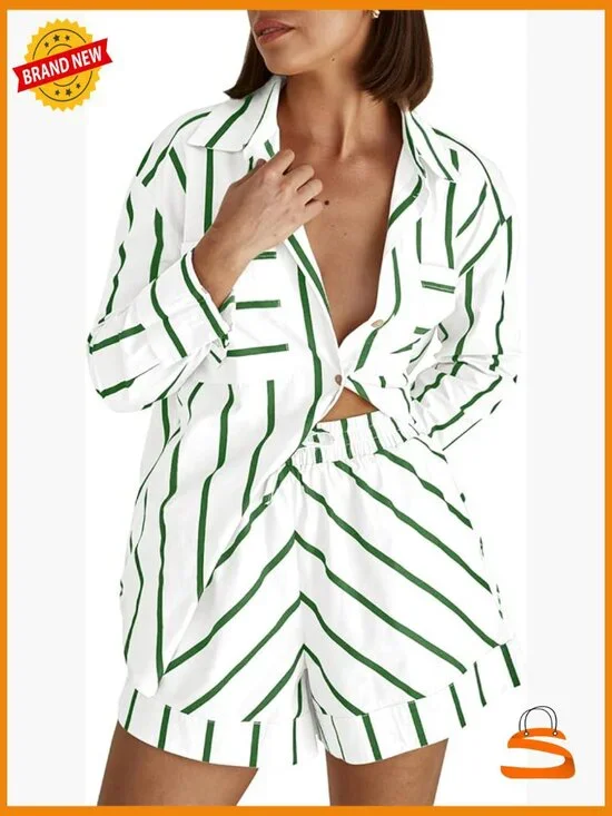 Striped 2 Piece Lounge Set: Button Down Shirt & Drawstring Shorts Matching