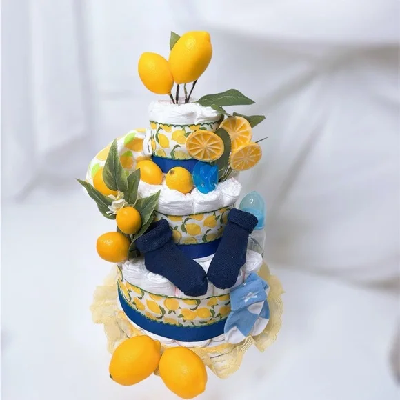 Lemon-Themed Diaper Cake with Blue Accents
