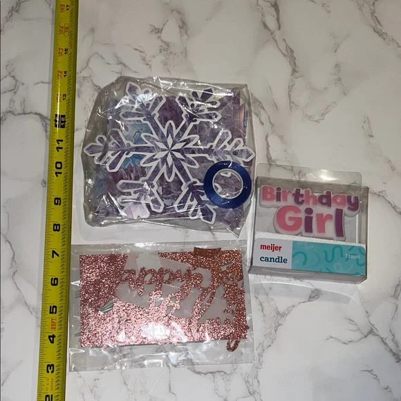 NIB 3pc 5th birthday girl snowflake party decorations and candle and cake sign
