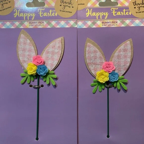 NWT Easter Bunny 2 Picks with Colorful Flowers and Gingham Print.