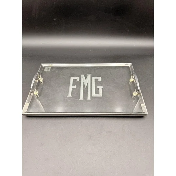 Vintage Silver FRAMED Glass Tray with SIGNS FMG 18X12
