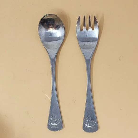 Vintage Selandia Japan Stainless Steel Childs Fork & Spoon Set With Duck Design
