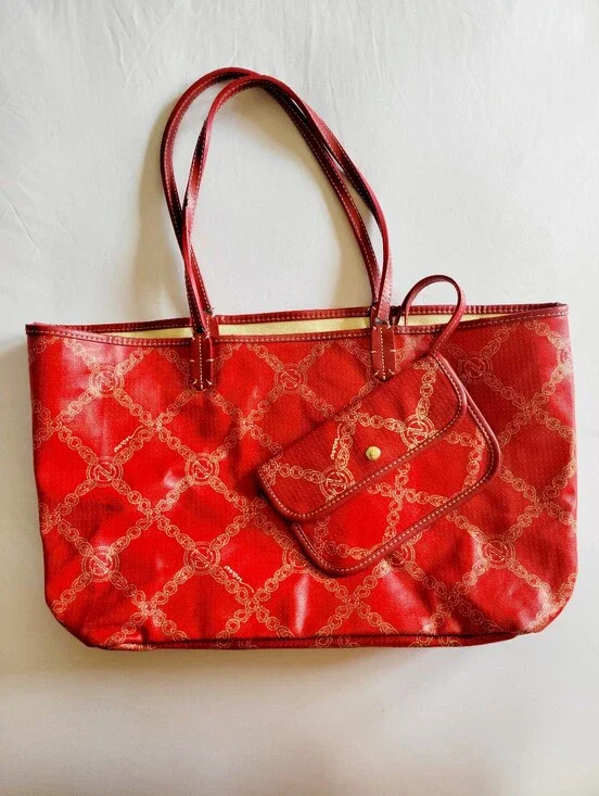 VTG Avon Red Canvas Chain Link Tote Bag & Matching Pouch Set