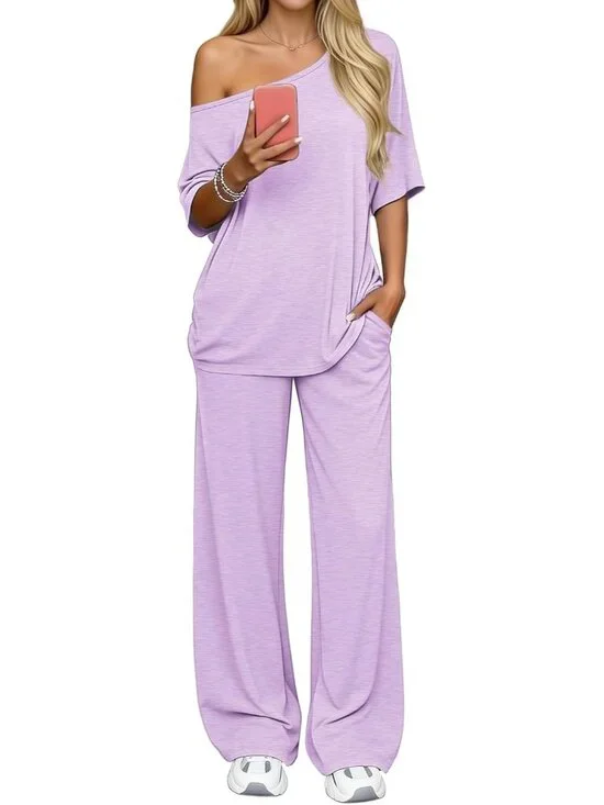 Women’s 2 Piece Lounge Sets Off Shoulder Oversized Matching Outfit Short Sleeve