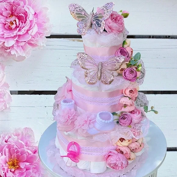Flowers Diaper Cake, Peonies Diaper Cake