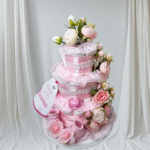 Pink Floral Diaper Cake, Peonies Diaper Cake
