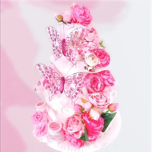Butterflies Diaper Cake, Peonies Diaper Cake