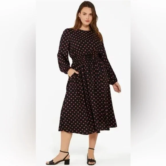Kate Spade New York Black Red Heart Print Midi Dress Size S NWT