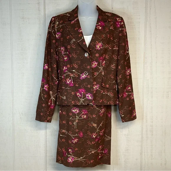 Womens Matching Blazer Skirt Set Petite Size 10P Silk‎ Linen Embroidered Floral