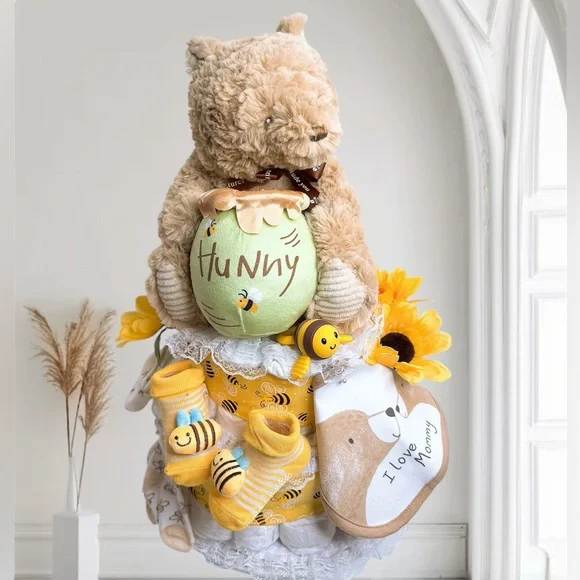 Hunny Bear Bee Diaper Cake with Sunflower Accents, Baby Shower Gift