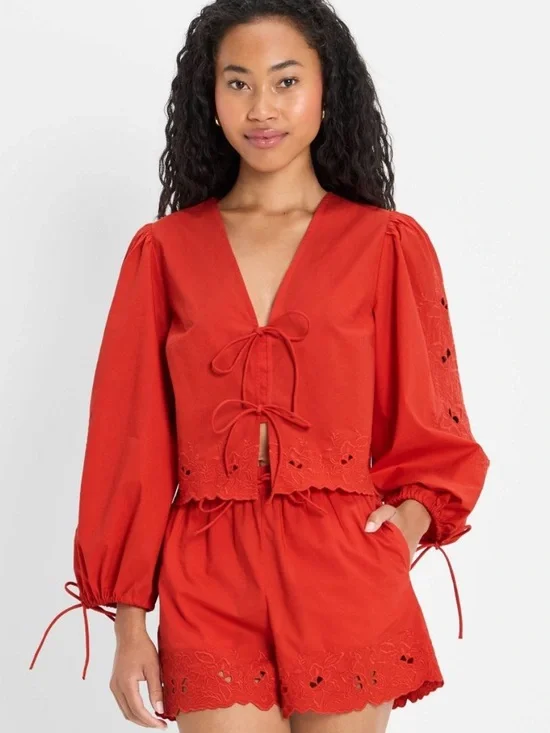Future Collective Red Eyelet Shorts & Matching V-Neck Tie Front Top Matching Set