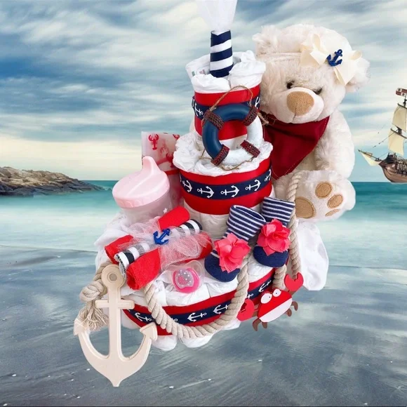 Girl Nautical Diaper Cake, Boat Diaper Cake