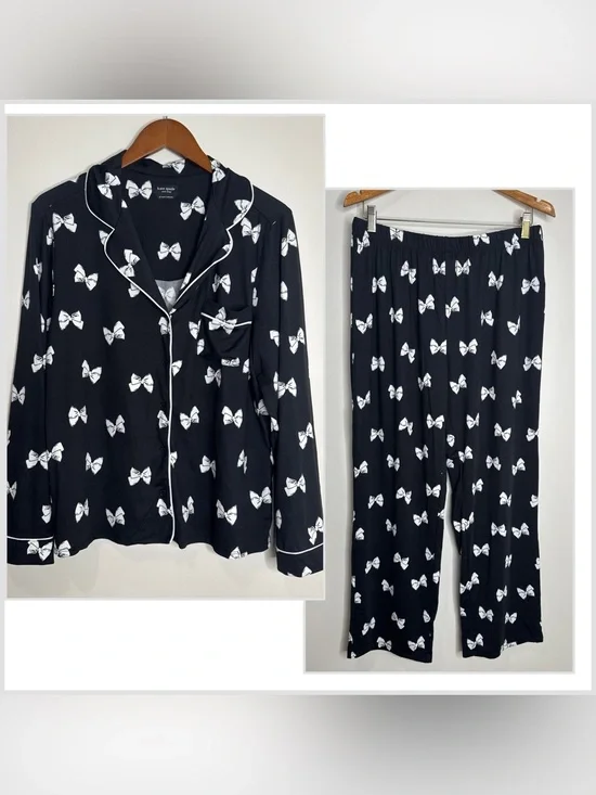 Kate Spade Black and White Bow Printed Button Up Pajama Set Wide Leg Size XL