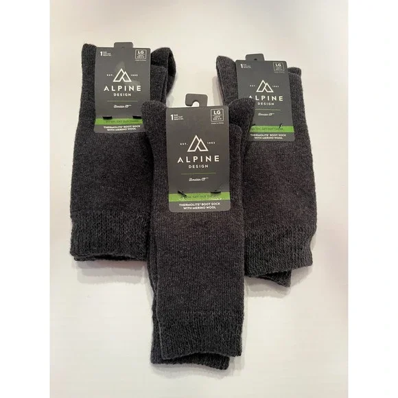 Alpine Design 3‎ Pair Thermolite Boot Socks with Merino Wool Gray Size Large