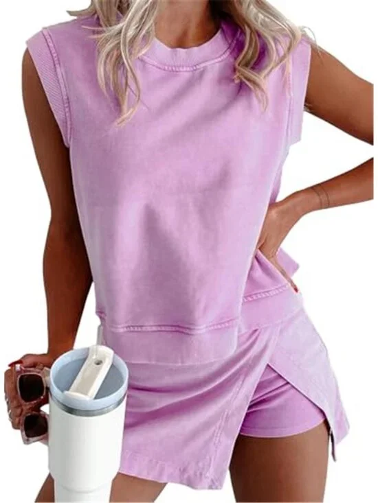Women’s Pink Lounge Set Sleeveless Sweatshirt Shorts Matching Travel Outfit