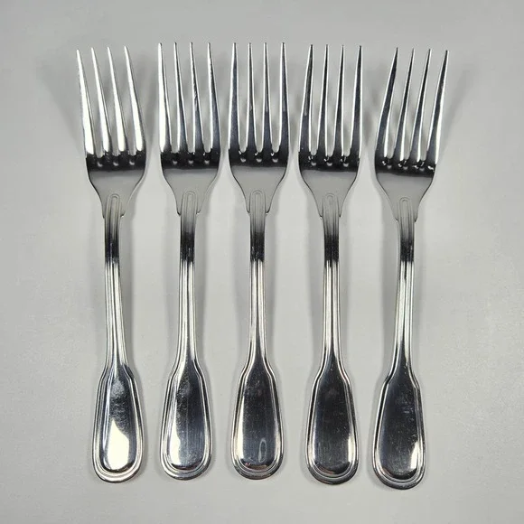 Vtg DJ Korea Stainless Steel Saumur Dinner Forks Set of 5 Double Thread Fiddle