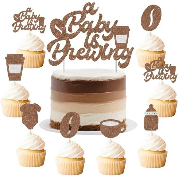 Coffee Theme Brown Glitter Cake Topper Set for Baby Showers