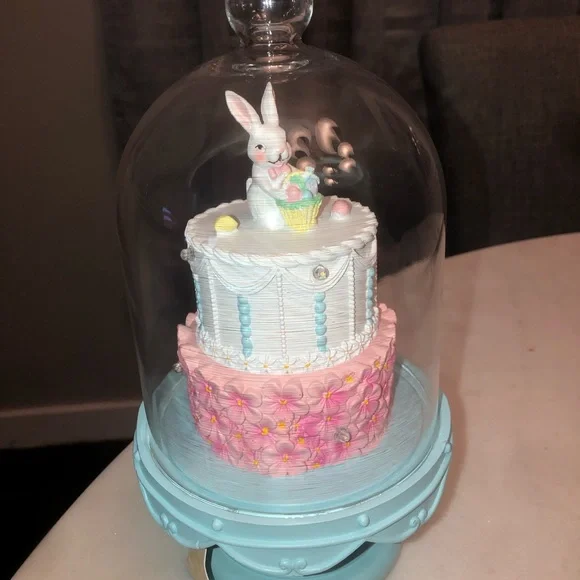 🌸 Easter Bunny Faux Cake Decoration with Glass Dome