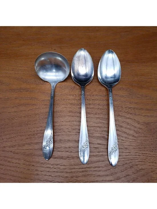 Oneida Tudor Plate Queen Bess II Gravy Ladle & Serving Spoons Lot of 3 Silverpla
