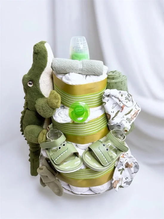 Green Crocodile Baby Diaper Cake Gift Set
