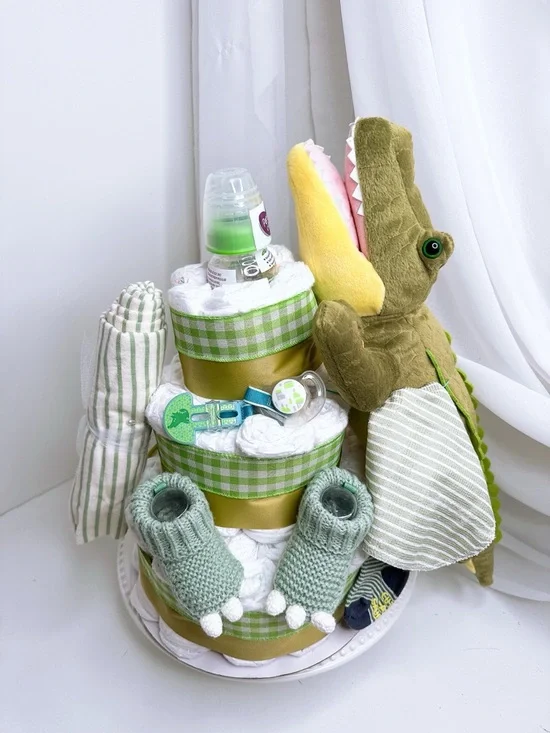 Green & White Alligator Baby Gift Set - Plush Crocodile + Essentials