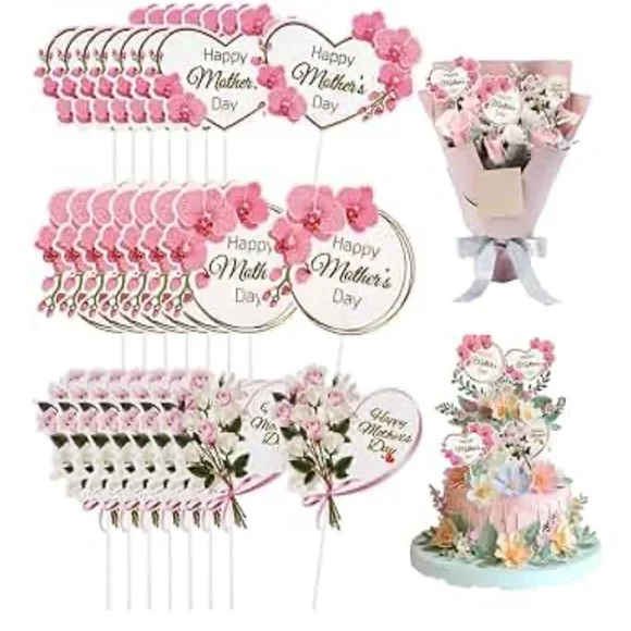 Charming Pink Floral Mother's Day Cake Topper Set
