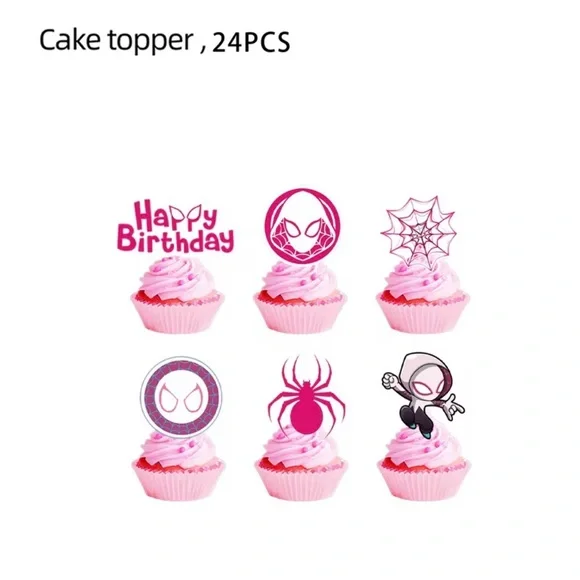 Gwen Spider-Themed Pink Cupcake Toppers - 24PCS Birthday Party