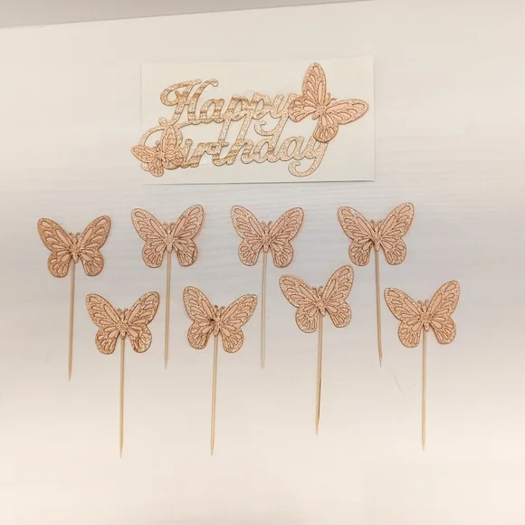 Butterfly Happy Birthday Cake Cupcake Topper Set - Rose Gold