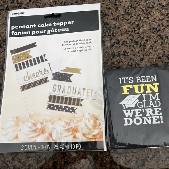 Graduation Pennant Cake Topper and Napkin Set - Black and Gold