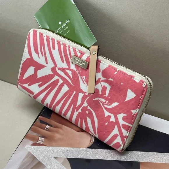 (new+tag) Kate Spade neda wallet brightwater drive blush pink feather leaves