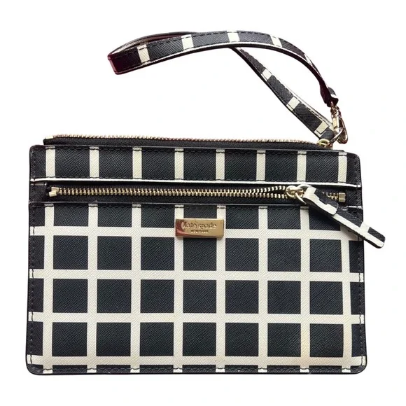 Kate Spade Womens‎ Grid Wristlet Clutch Wallet Black White Zip Pouch
