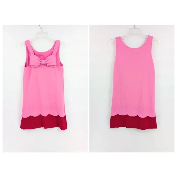 Kate Spade Girl Bow‎ Dress Pink Red Scalloped Hem Sleeveless Sz 14Y Large