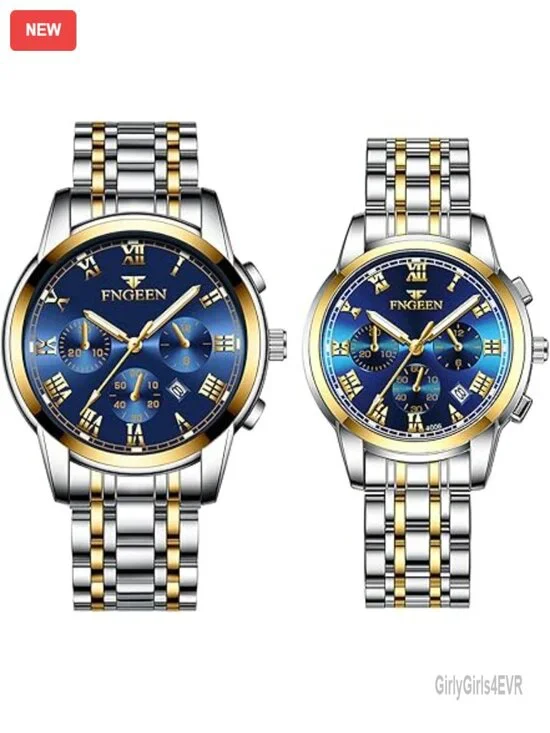 His Hers Matching Watch Set Stainless Steel Quartz Analog Waterproof