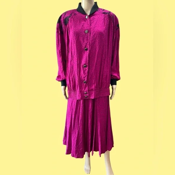 VINTAGE 80s Matching fuchsia polka dot skirt Set -XL