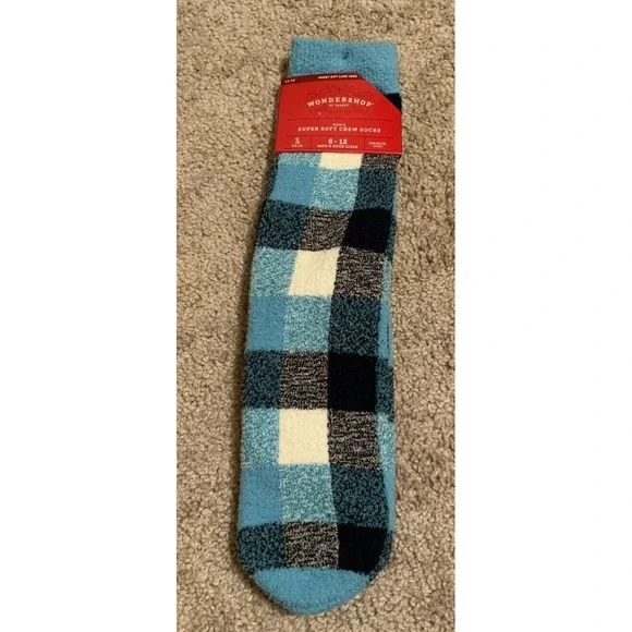 WonderShop Mens Blue Black White Plaid Super Soft Crew Socks‎ Size 6-12