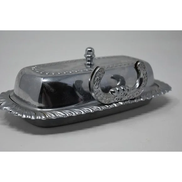 Vintage Irvinware Chrome Plated Covered Butter Dish Rope Border 1970s