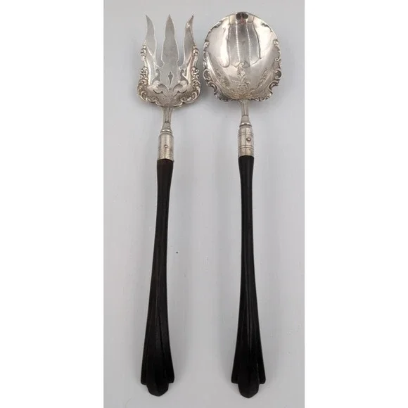 Silverplate Salad Fork & Spoon Set Ornate Vintage Wood Handles by M.B. & Co