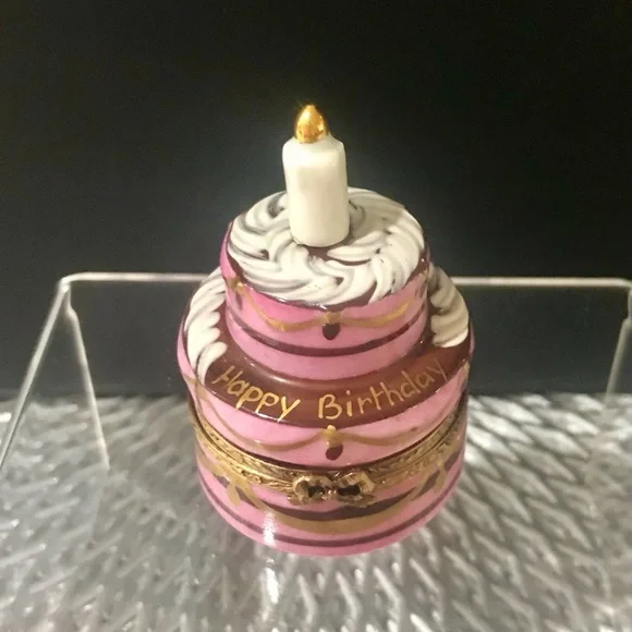 Limited Edition, Limoges Pink and Gold Happy Birthday Cake with Candle