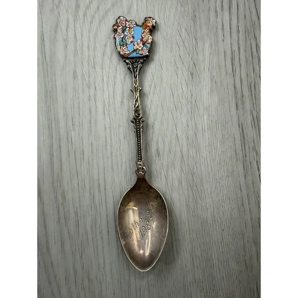 Mother's Day 1987 Holland Apple Blossom Enamel Spoon Silver Plate Dutch