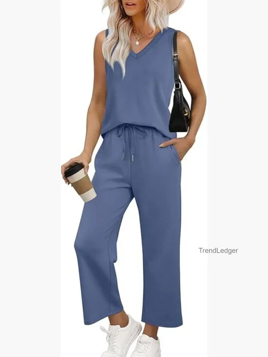 Two Piece Set for Women Summer Vacation Lounge V Neck Matching Sets