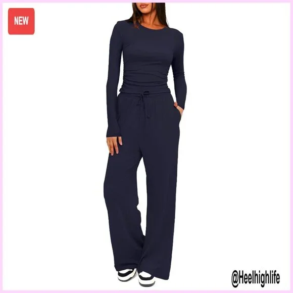 Women's Lounge Set Long Sleeve Top Wide Leg Pants Casual Matching Outfit